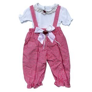 VTG 2 Piece Baby Girls Outfit Sz L 12 Mos Red Gingham Plaid Overalls Bow Holiday